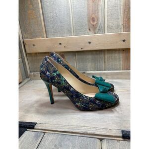 𝅺BUTTER Italy Rare Bird Print Bow Pumps Heels Green Blue US 8.5